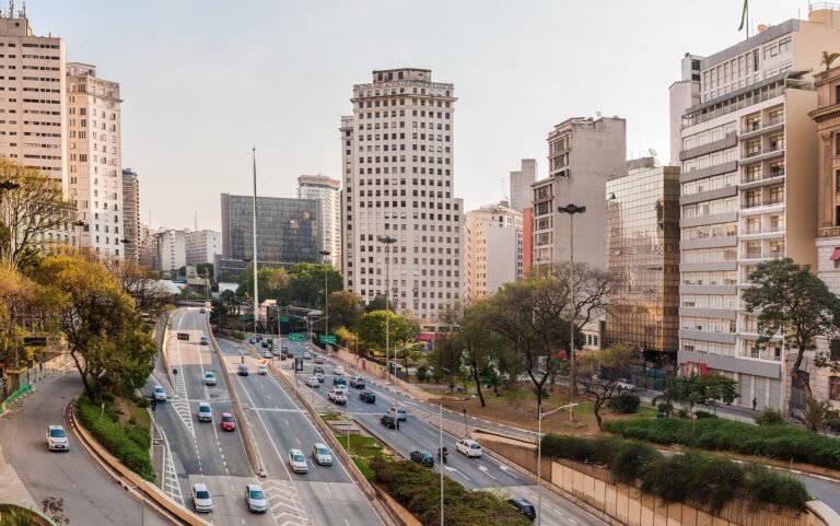 A multi lane avenue running into the centre, with the towers of the city behind. São Paulo, Brazil.