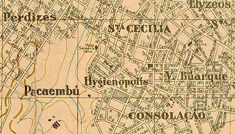 Distritos da Consolação, Perdizes e Santa Cecília, mapa antigo da cidade de São Paulo/SP -Acervo do Museu Paulista. Domí